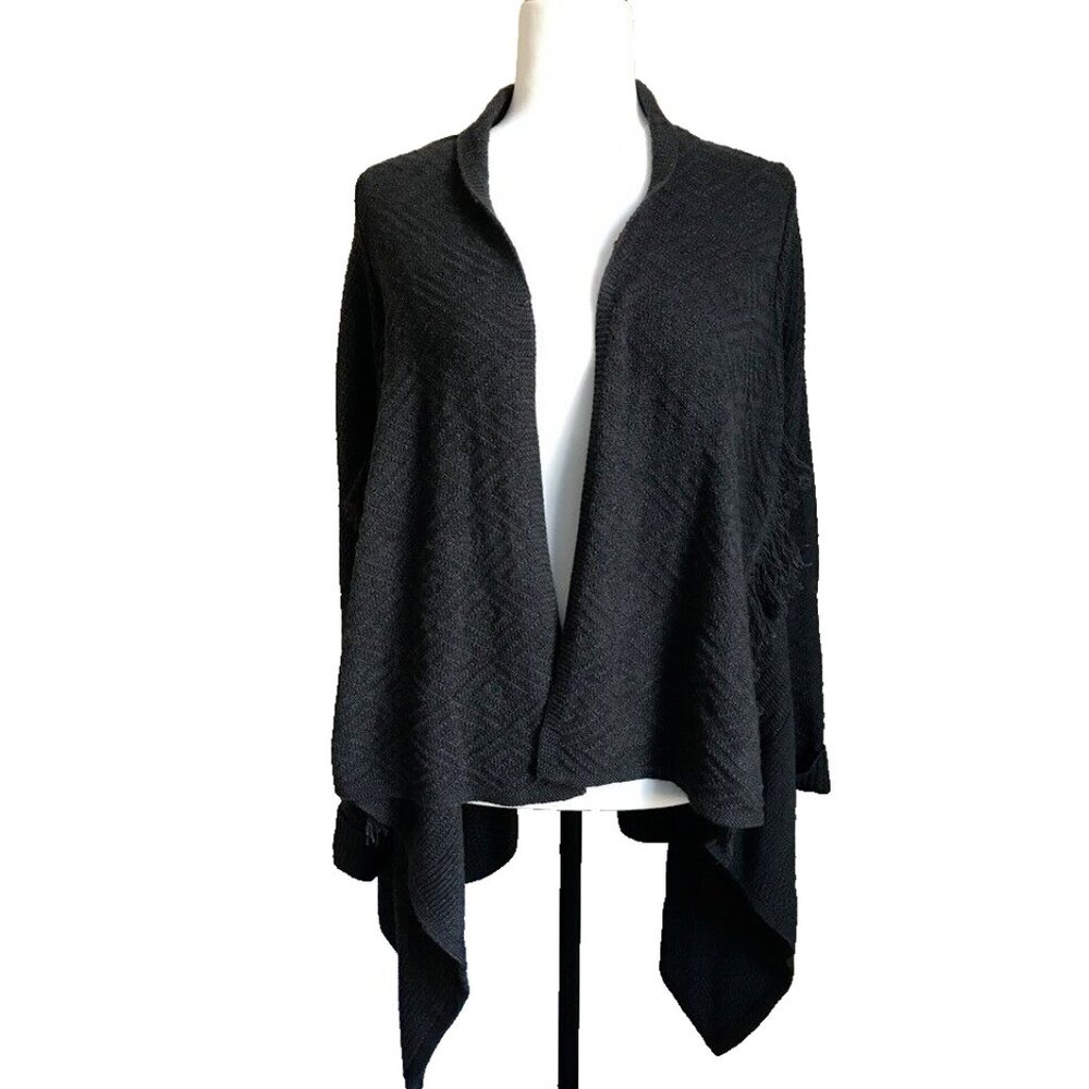 LUCKY BRAND Live in Love Long Sleeve Sweater Size XS Dark Gray Fringe Waterfall